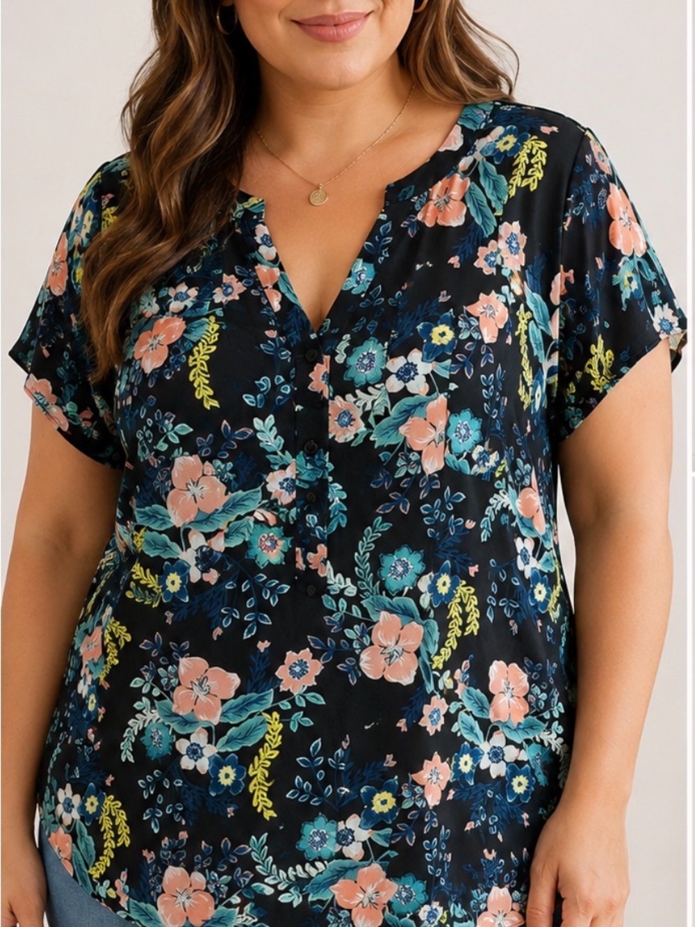 New York & Company Women’s Large Black Floral V-Neck Blouse Short Sleeve - Picture 11 of 11